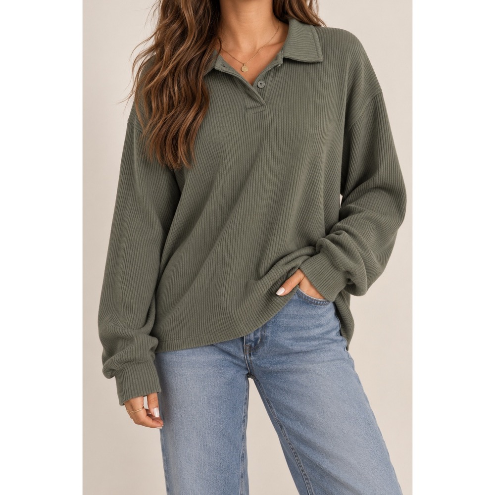 Zara Womens Olive Green Ribbed Long Sleeve Polo Shirt Size Large